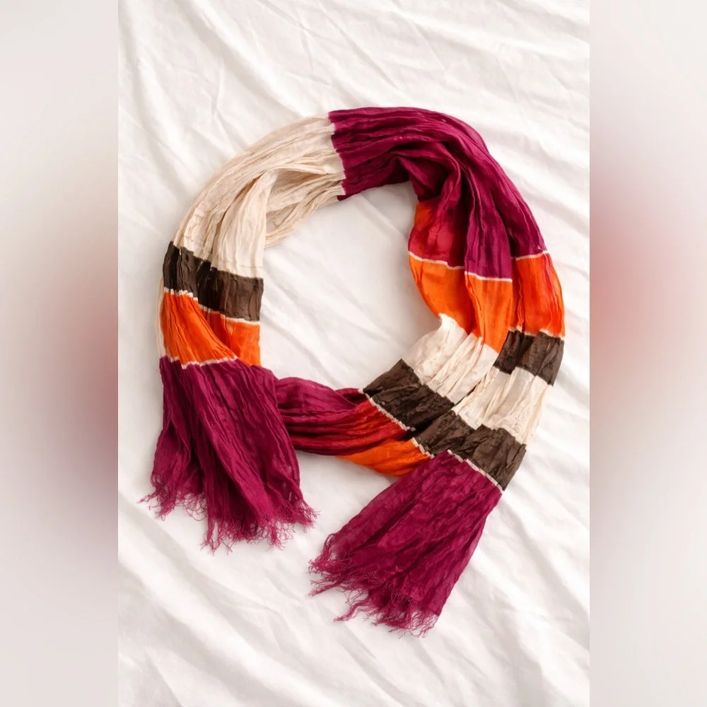 LOFT Crinkle Scarf | Orange Plum Cream Boho Lightweight Raw Edge Scarf - Picture 2 of 8